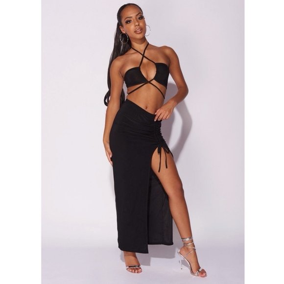 Black Sleeveless Halter Neck Crop Top and High Waist Maxi Skirt Two Piece Set - Picture 13 of 14